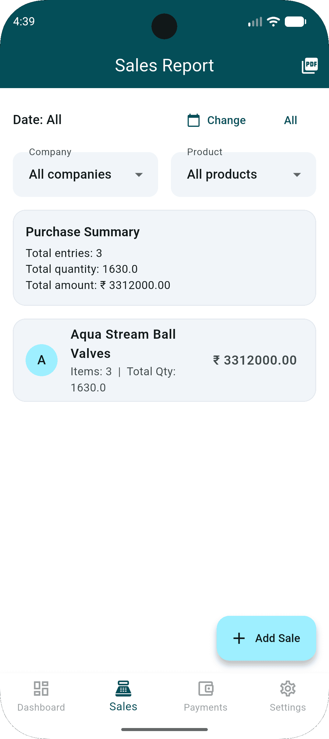 Sales report screen