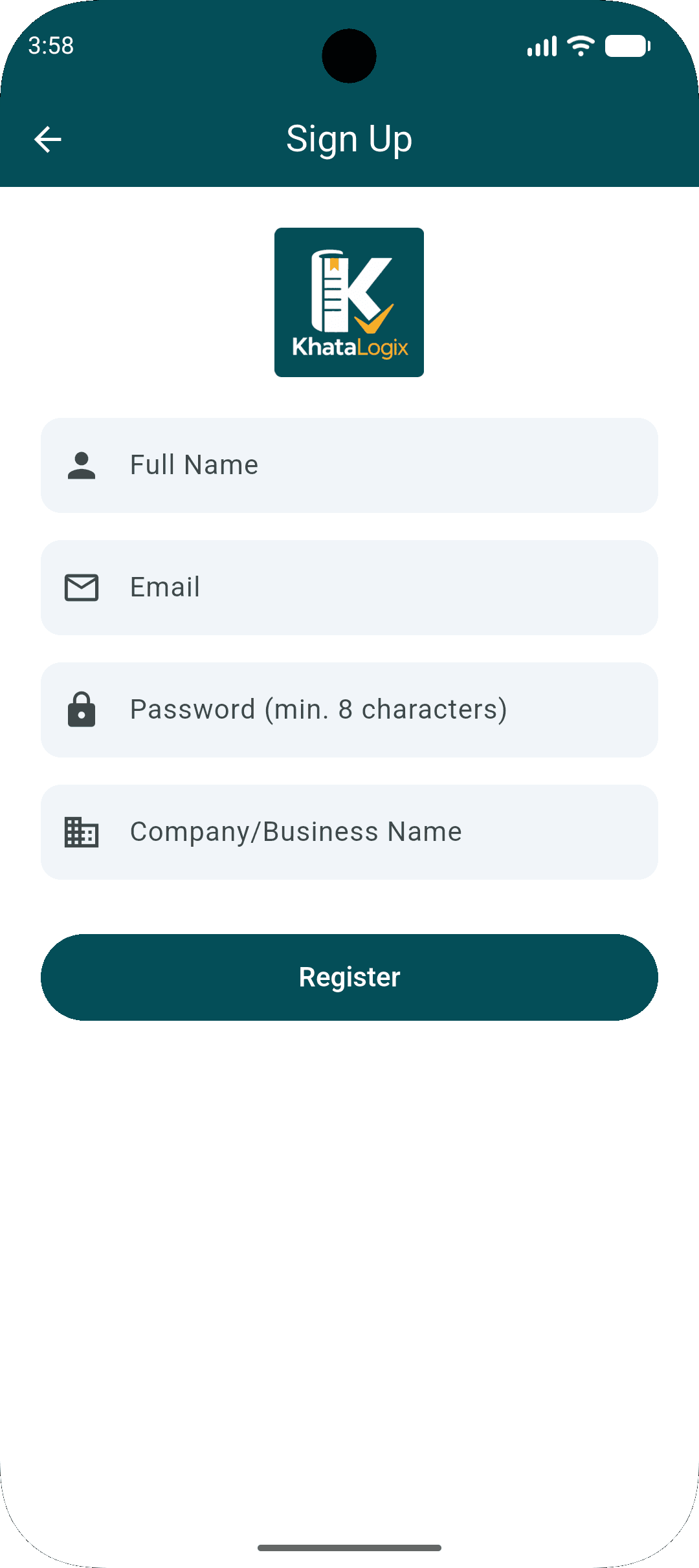 Sign up screen