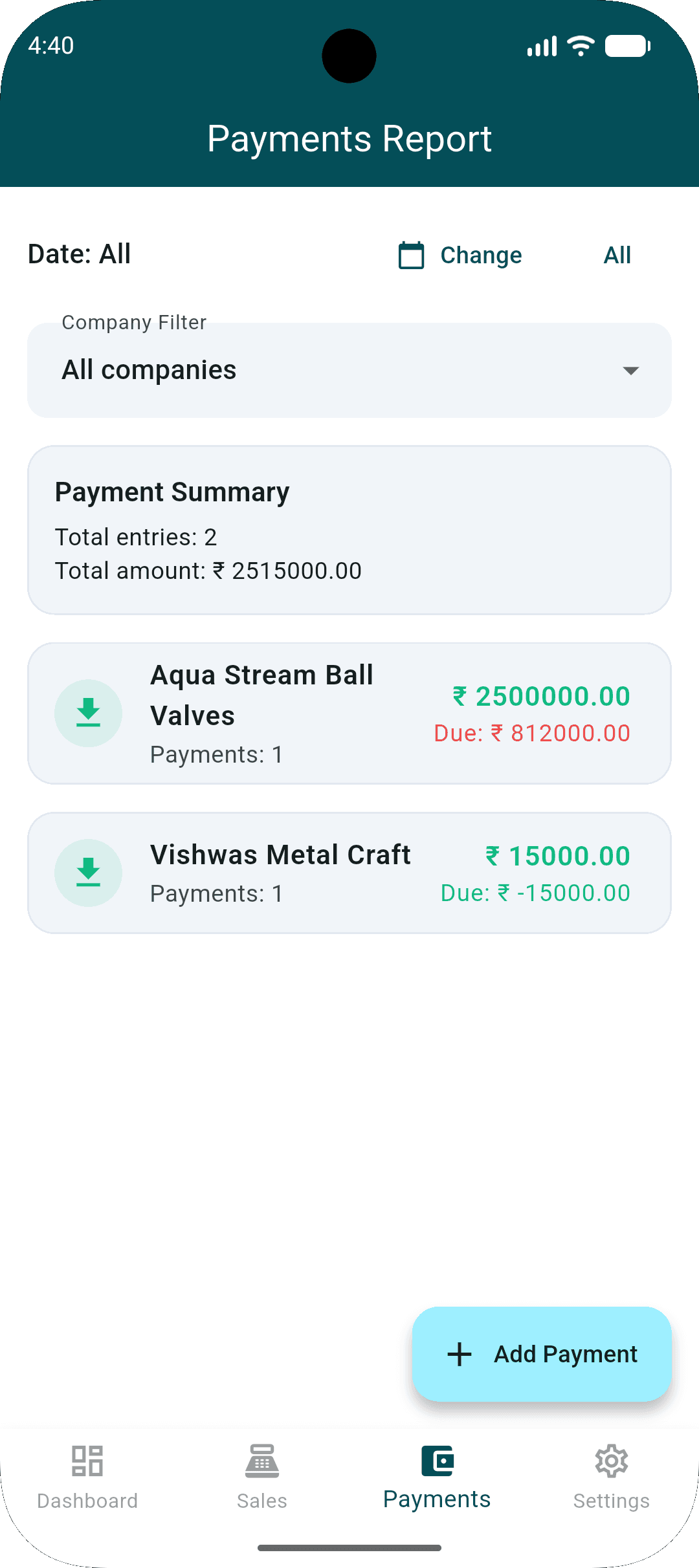 Payments report screen