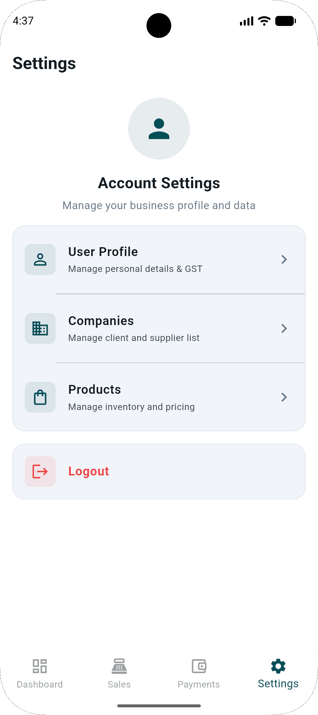 Settings screen